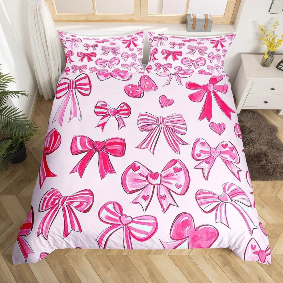 (Pink and Red, Double(No Comforter)) Homewish Kids Cute Bow Duvet Cover Double Kawaii Pink Bowknot Comforter Cover Butterfly Knot Princess Style Beddi