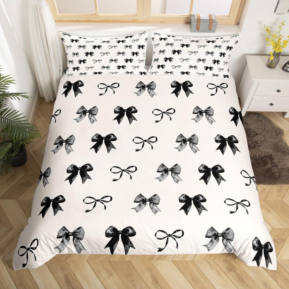 (Black Grey Beige, Super King(No Comforter)) Homewish Kids Cute Bow Duvet Cover Double Kawaii Pink Bowknot Comforter Cover Butterfly Knot Princess Sty