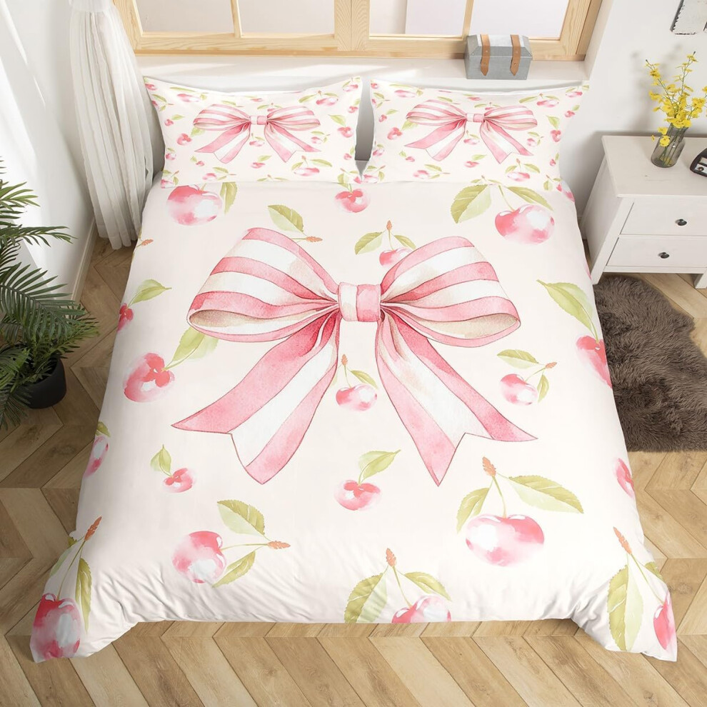 (Pink Green Beige, Super King(No Comforter)) Homewish Kids Cute Bow Duvet Cover Double Kawaii Pink Bowknot Comforter Cover Butterfly Knot Princess Sty