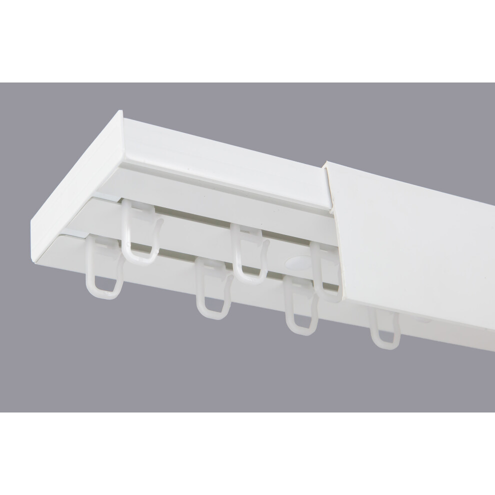 (300 cm, HOOKS) Double Curtain Rail Track PCV Ceiling SET with HOOKS or CLIPS + WHITE COVER