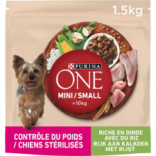 Purina One Mini Weight Control – Rich in Turkey with Rice – 1.5 kg – Dry Food for Small Dogs (1-10 kg) Low Active or Overweight – Pack of 6