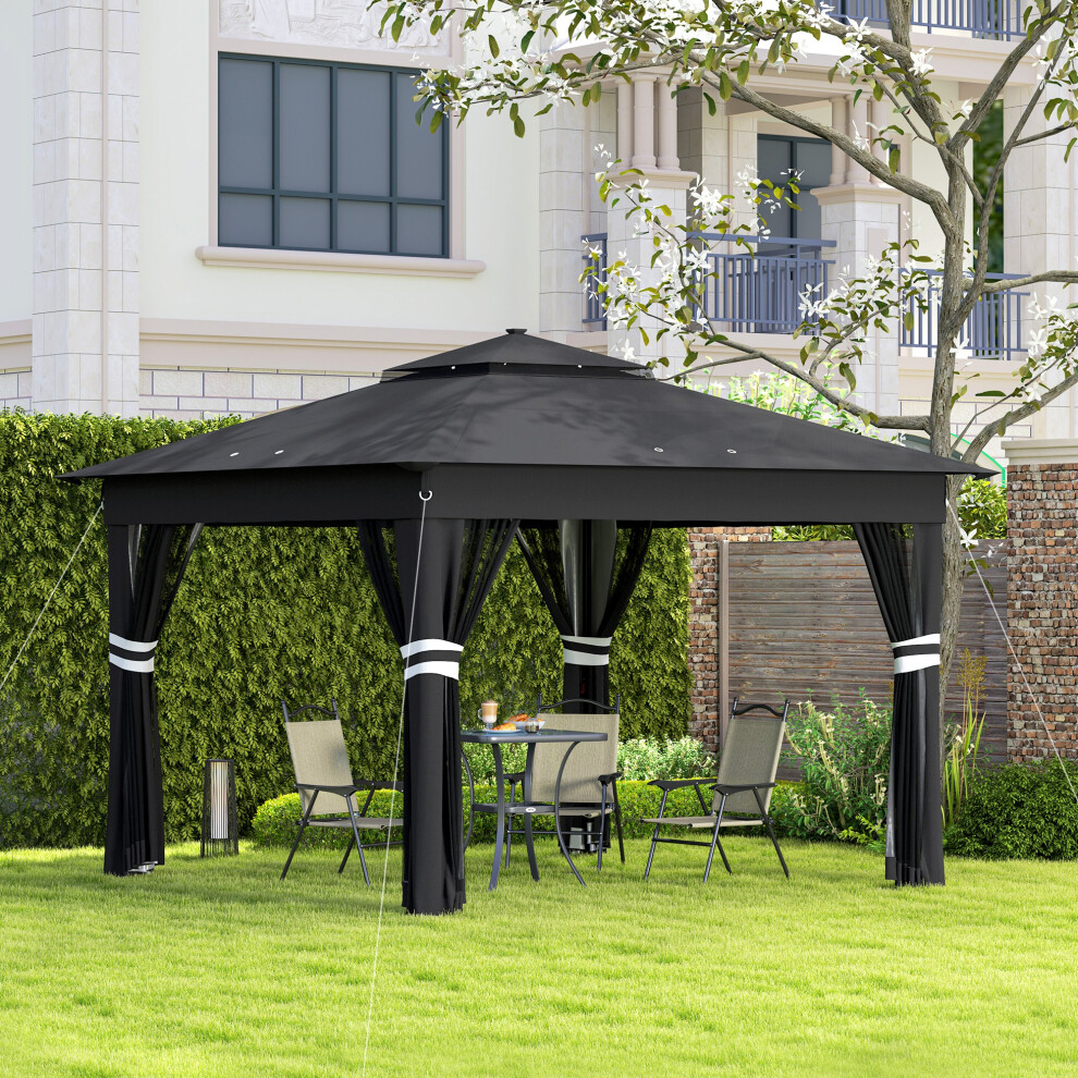 Outsunny 3x3(m) Pop Up Gazebo w/ Solar-Powered LED Lights Netting Black