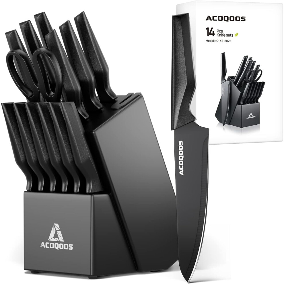 Knife Set with Block, 14 Piece with Built-in Sharpener, Kitchen Knives for Chopping, Slicing, Dicing Cutting by
