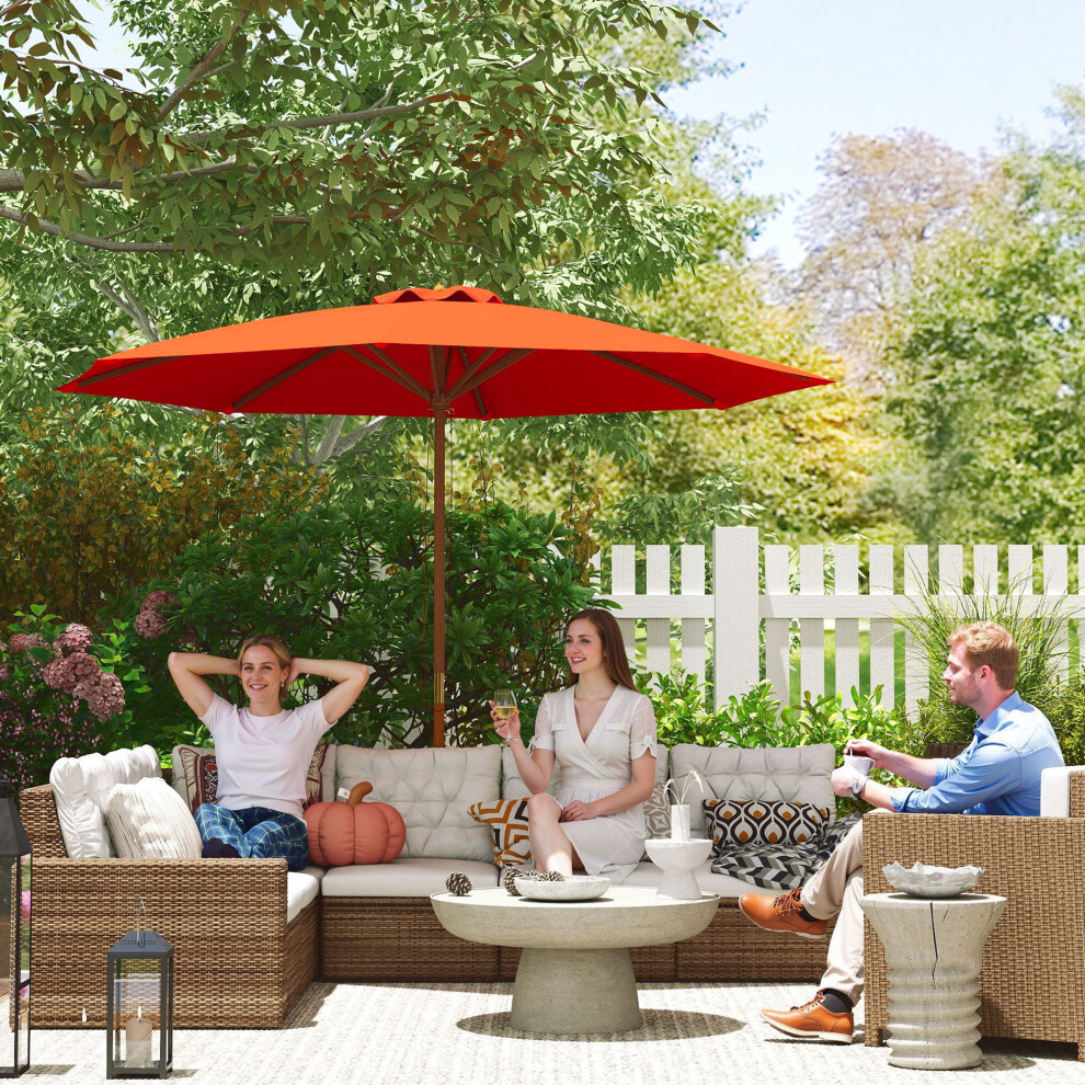 Outsunny Wooden Garden Parasol with Rope Pulley Mechanism and 8 Ribs Orange