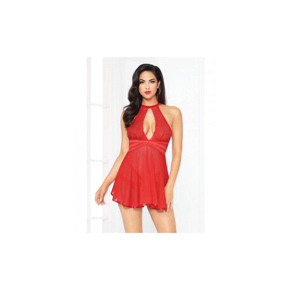 Babydoll Mit Riemchenbund Und H Schen, Berkreuzter Bund, Rot Md (D0102H5LT3Y.)-image