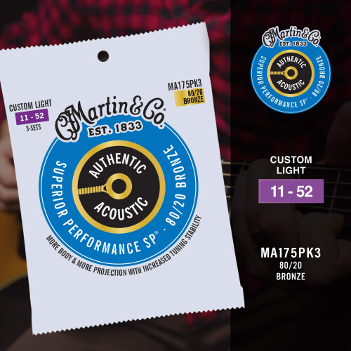 Martin Authentic Acoustic Guitar Strings  Superior Performance Custom Light 11-52  80/20 Bronze  3 Pack 2