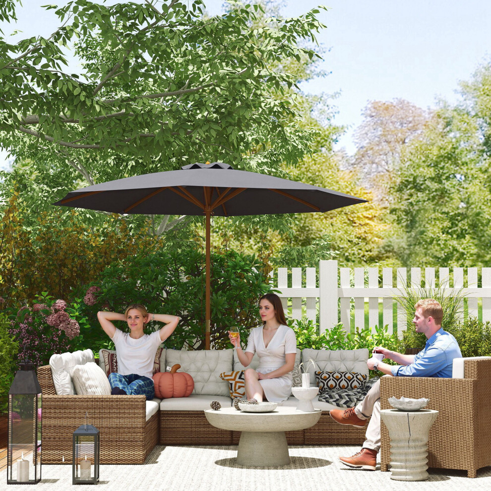 Outsunny Wooden Garden Parasol with Rope Pulley Mechanism, Dark Grey