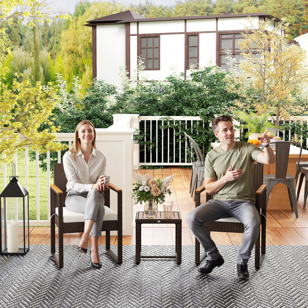 Outsunny 3-Piece Rattan Bistro Set with Acacia Wood Table, White