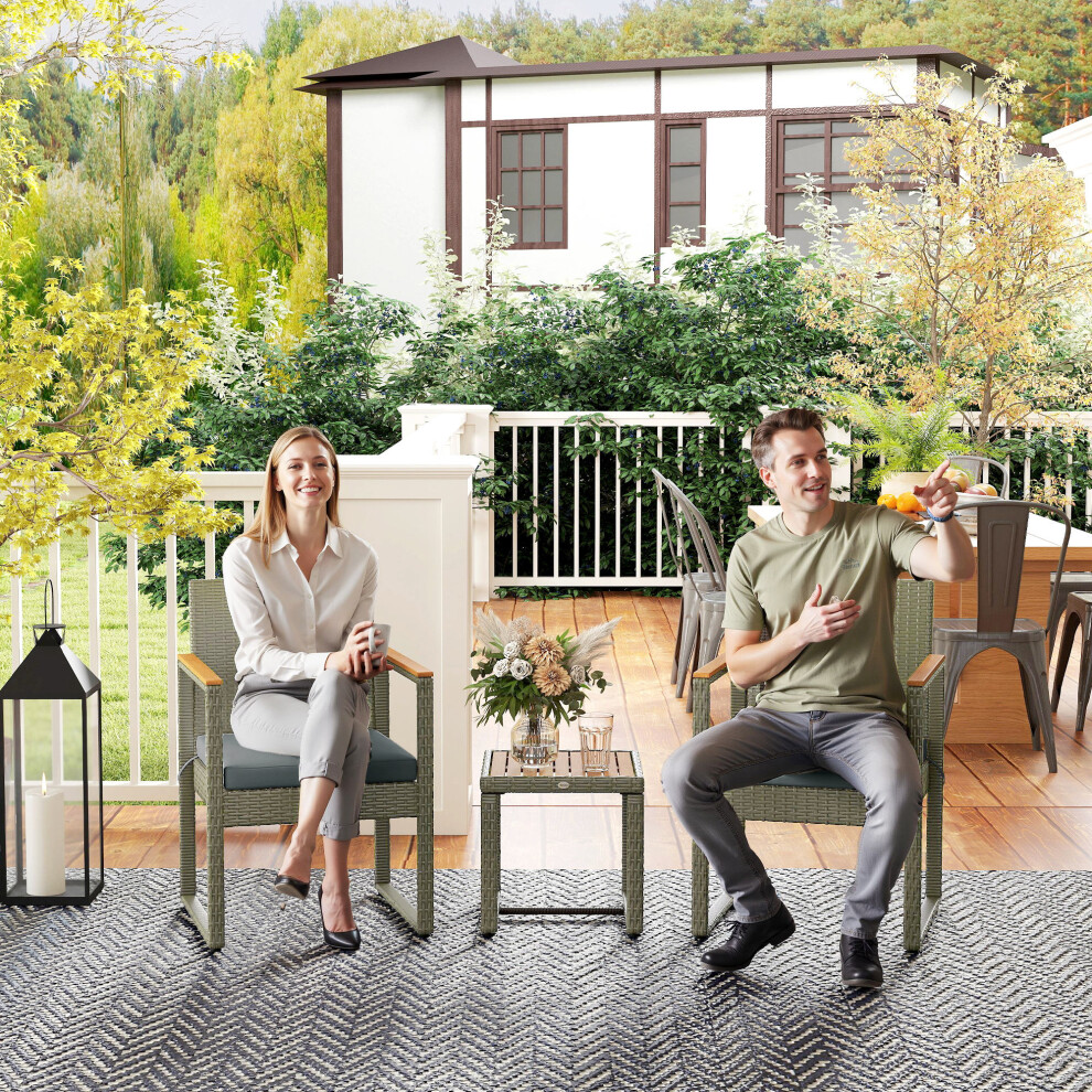 Outsunny 3-Piece Rattan Bistro Set with Acacia Wood Table, Grey