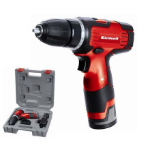 Einhell langaton porakone TH-CD 12-2 Li (12 V, Vääntö: 24 Nm) toimitetaan laatikossa, joka sisältää laturin ja akun.