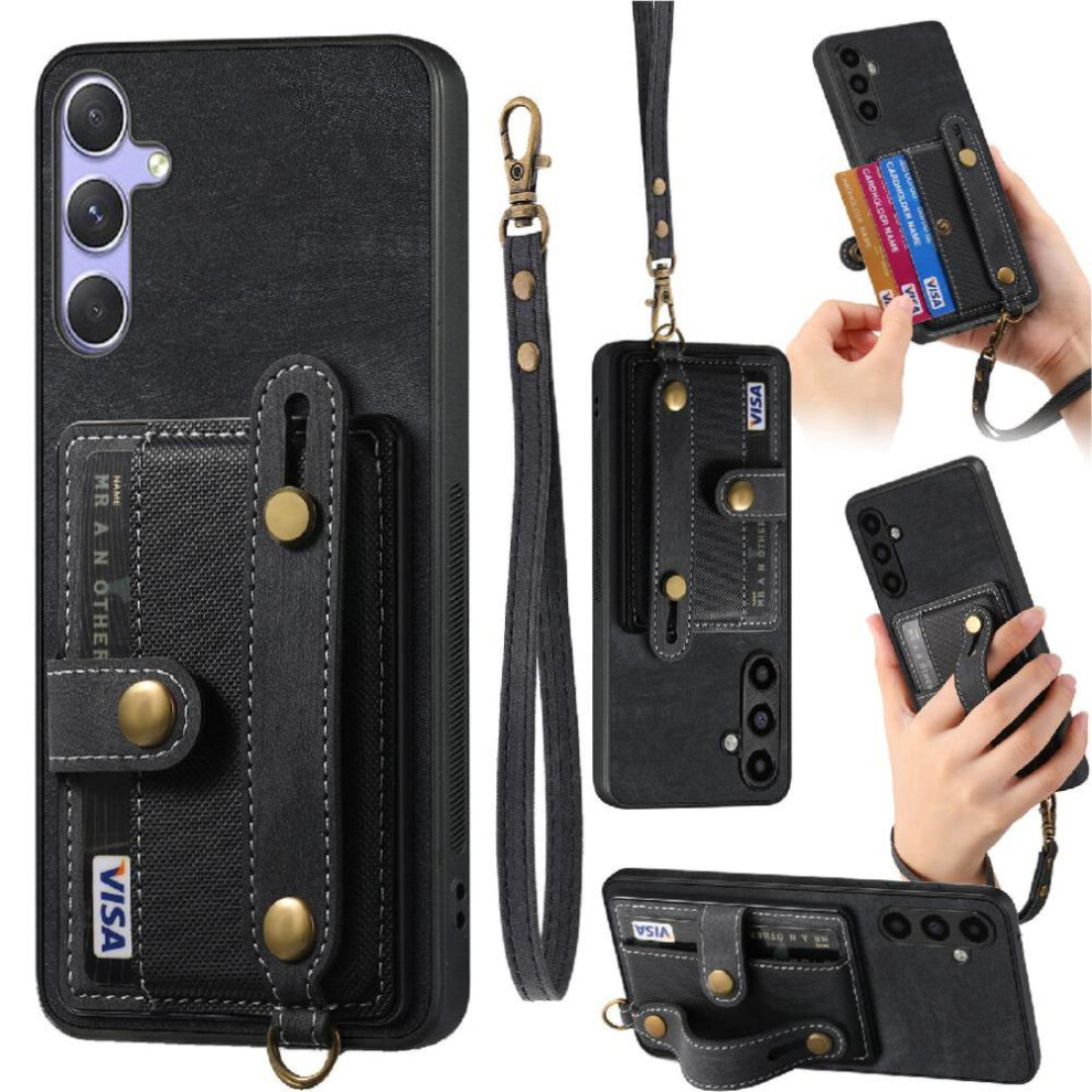 (Black) Case For Samsung Galaxy S25 Shockproof Wallet Wristband Strap Black 764544177245