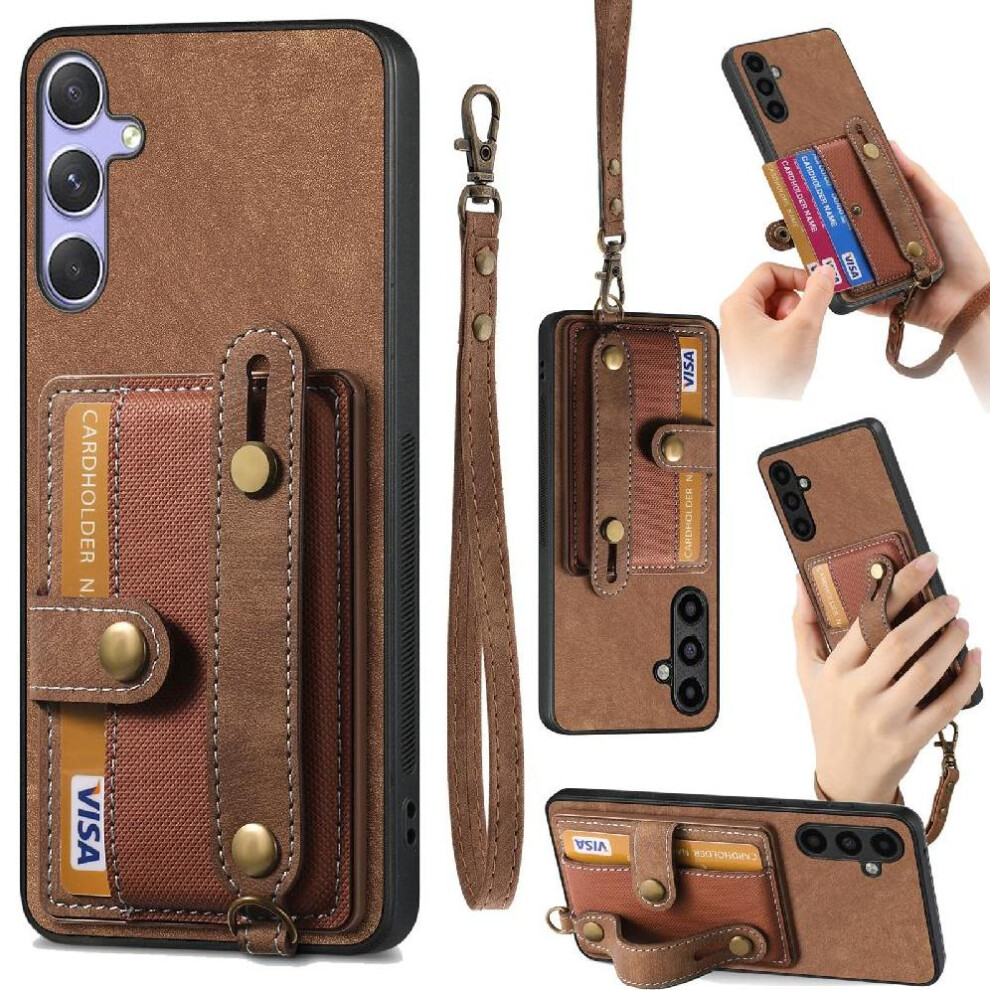 (Brown) Case For Samsung Galaxy S25 Shockproof Wallet Wristband Strap Brown 764544177191