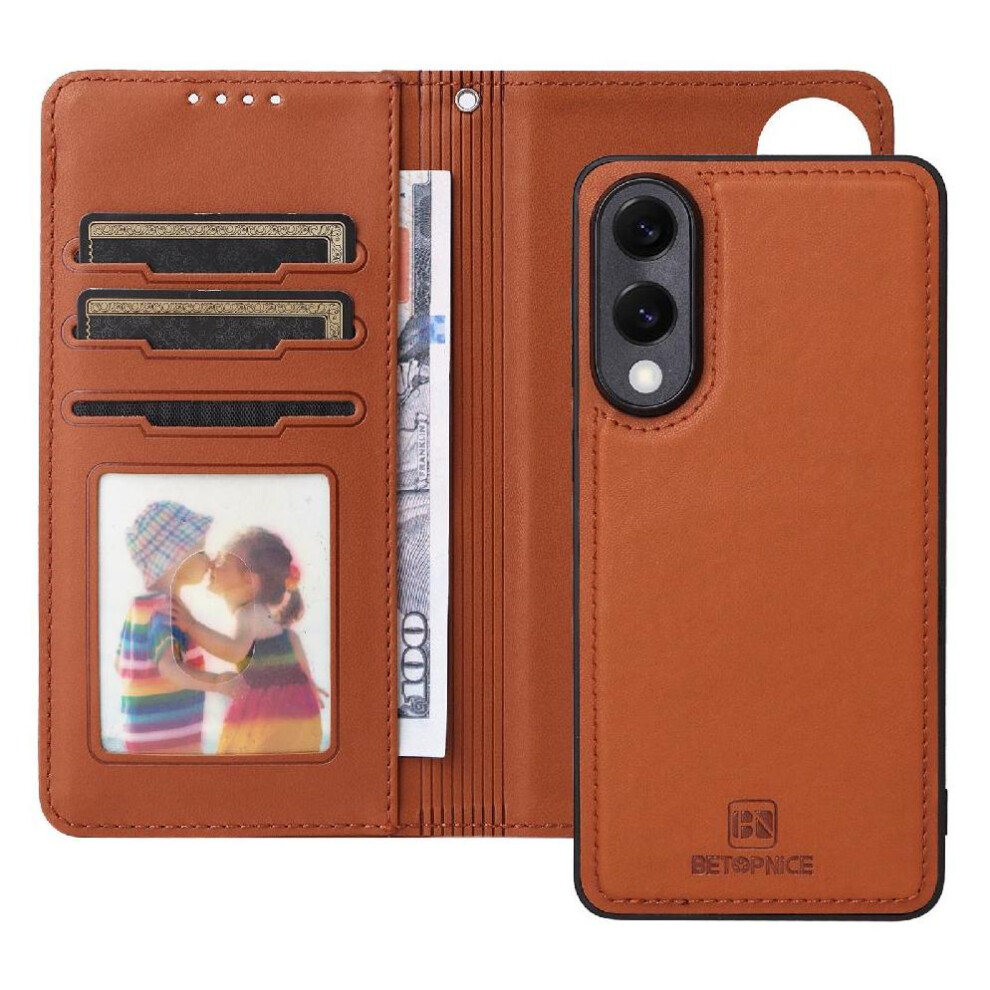 (Brown) Flip Case For Samsung Galaxy S25 Edge Wallet Wireless Charging Rfid Blocking Detachable Design Flip Cover Brown 764544178013
