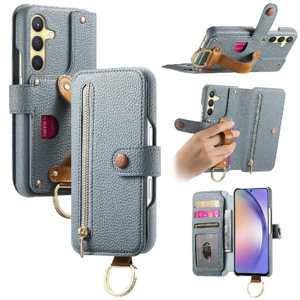 (Blue) Flip Case For Samsung Galaxy S25 Zipper Wristband Wallet Crad Slot Stand Blue 764544179911