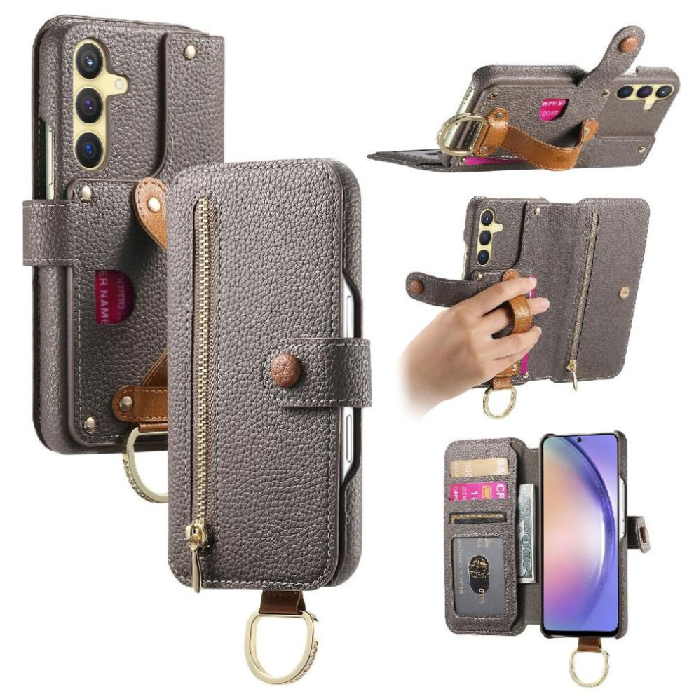 ( ) Flip Case For Samsung Galaxy S25 Zipper Wristband Wallet Crad Slot Stand Gray 764544179881