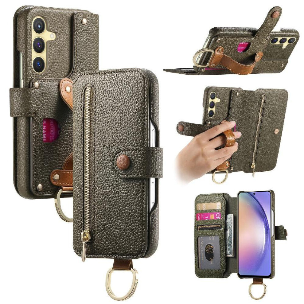 (Green) Flip Case For Samsung Galaxy S25 Zipper Wristband Wallet Crad Slot Stand Green 764544179904