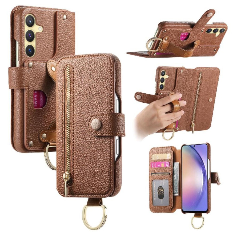 (Brown) Flip Case For Samsung Galaxy S25 Zipper Wristband Wallet Crad Slot Stand Brown 764544179898