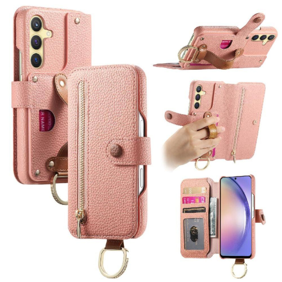 (Pink) Flip Case For Samsung Galaxy S25 Zipper Wristband Wallet Crad Slot Stand Pink 764544179867