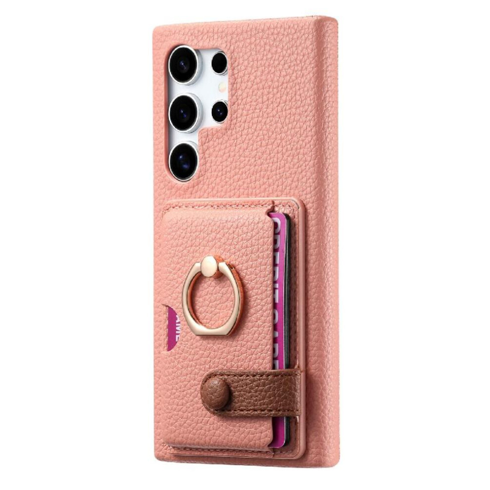 (Pink) Case For Samsung Galaxy S25 Ultra Ring Stand Card Slots Premium Textured Leather Pink 764544181778