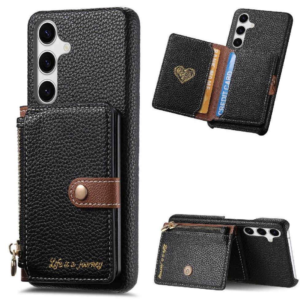 (Black) Case For Samsung Galaxy S25 Wallet Wallet Shockproof Stand Zipper Black 764544182041