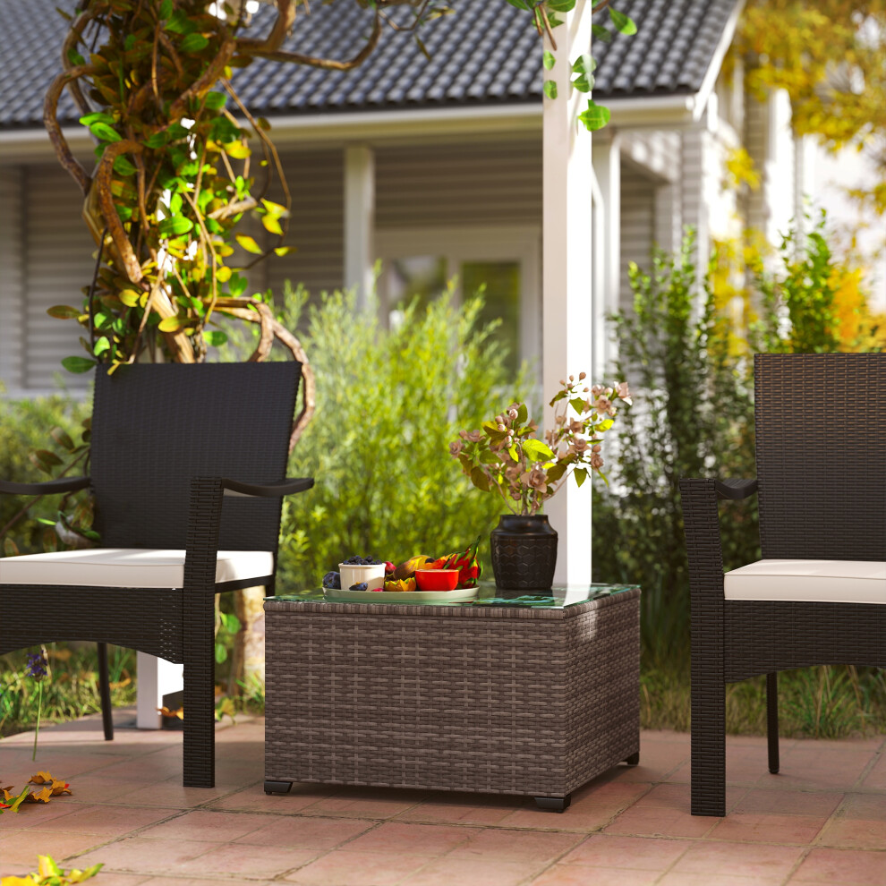 Outsunny Outdoor Coffee Table with Glass Top, Rattan Side Table, Dark Grey