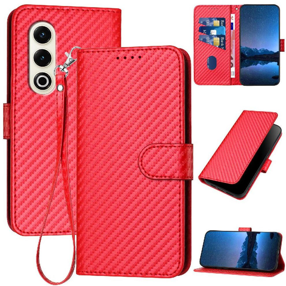 (Red) Flip Case For Itel S25 Premium Leather With Detachable Hand Strap Carbon Fiber Surface With Card Slot And Kickstand Red 764544185806