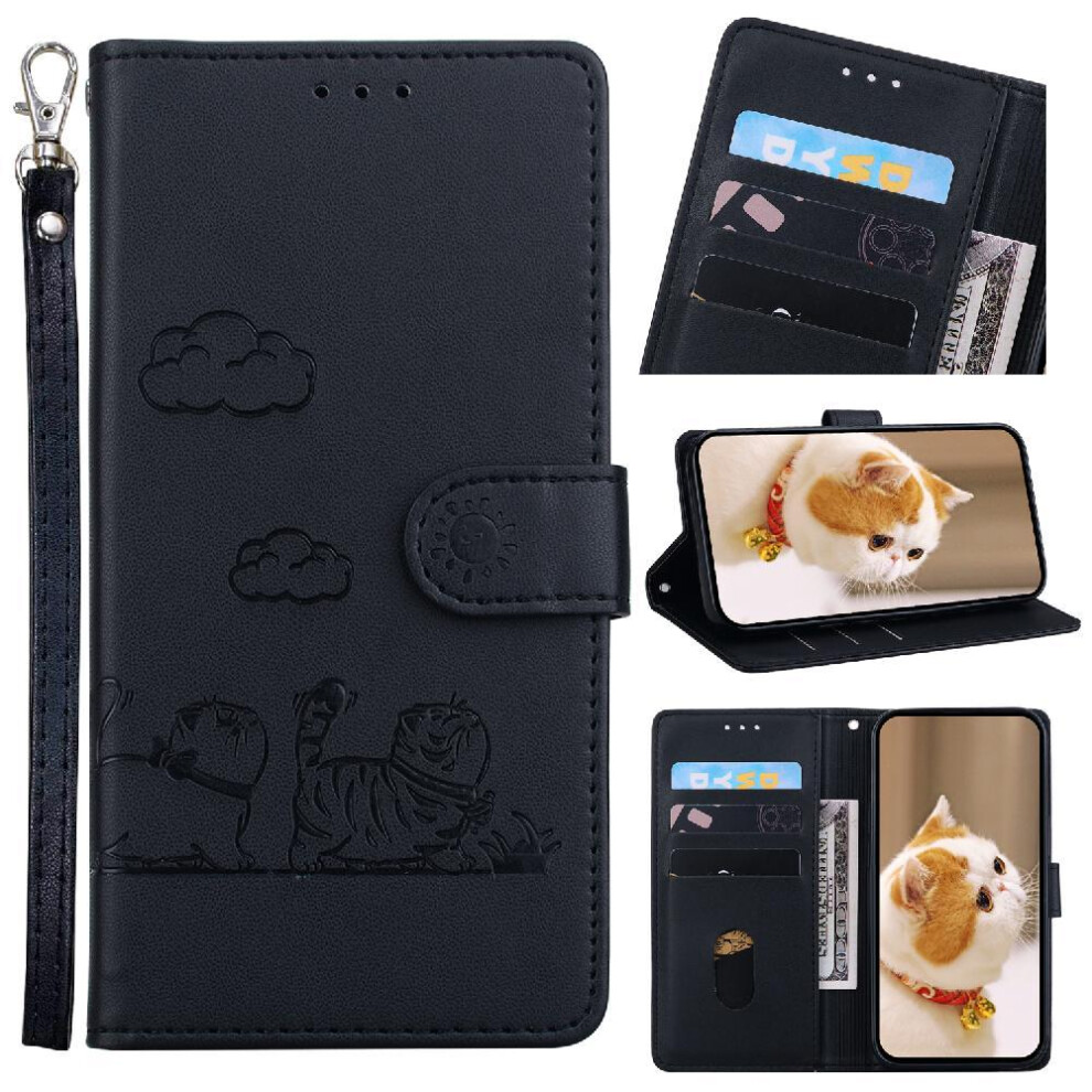 (Black) Flip Case For Samsung Galaxy S25 Edge Cat Rfid Card Slot Holder Kickstand Leather Wallet Black 764544185936
