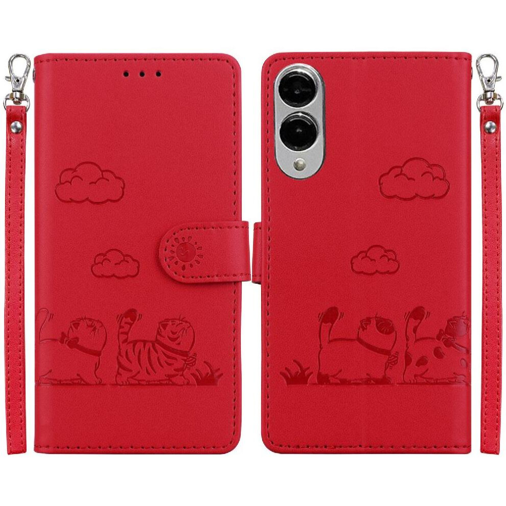 (Red) Flip Case For Samsung Galaxy S25 Edge Cat Rfid Card Slot Holder Kickstand Leather Wallet Red 764544185912