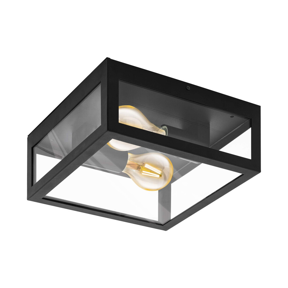 Eglo Alamonte 1 Outdoor Ceiling Lamp, 2-Flame Outdoor Wall Galvanised Steel With Clear Glass Ceiling E27 Socket, Ip44 Light/Black