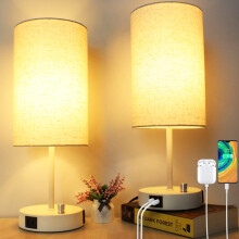 Wondlumi Bedside Lamps Set of 2, Fully Dimmable Table Lamp with 2USB Charging Ports, Modern Nightstand Desk Light with Flaxen Fabric Lampshade for