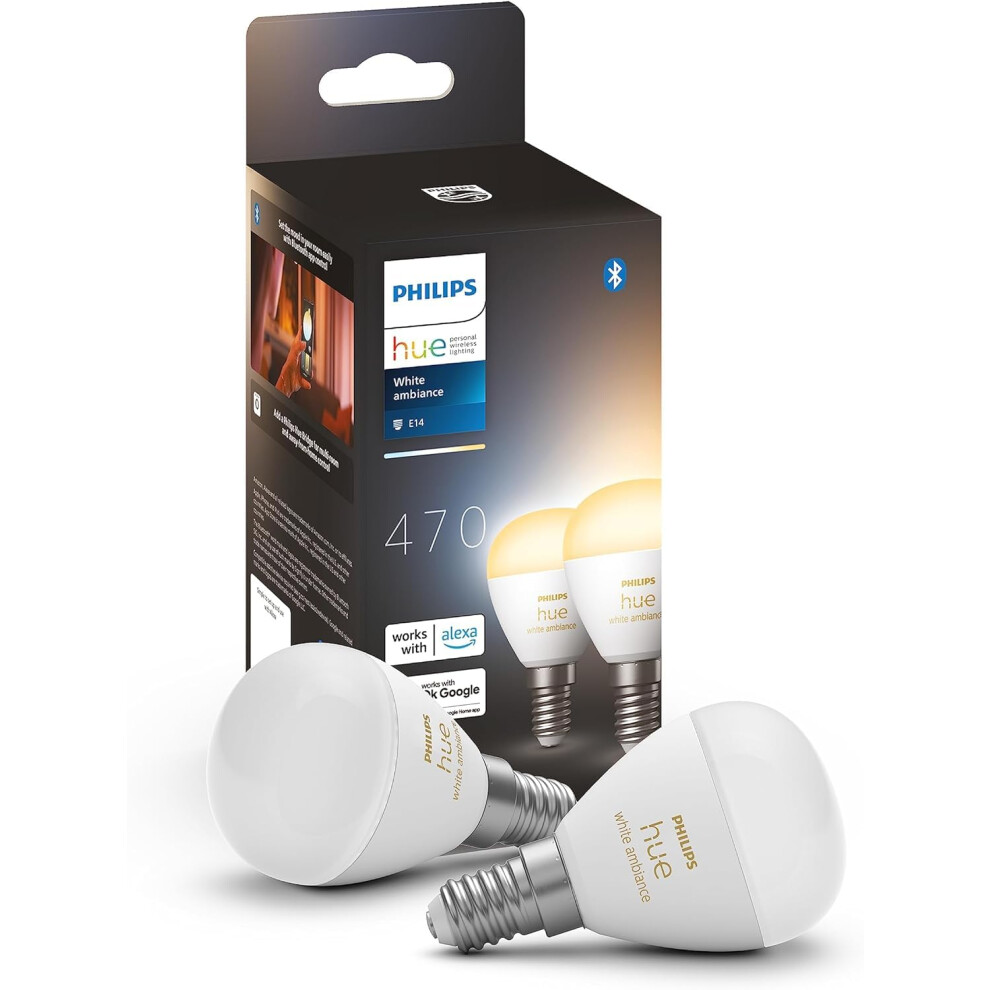 Philips Hue White Ambiance Luster Smart LED Light Bulb 2 Pack [E14 Edison Screw] for Indoor Home Lighting, Livingroom, Bedroom.