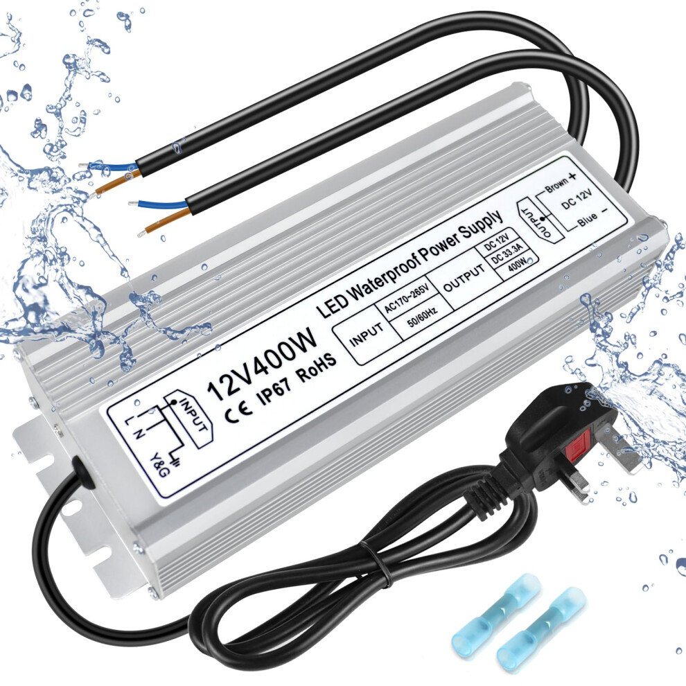 Inshareplus Led Power Supply, 12V 400W Ip67 Waterproof Outdoor Driver, Ac 220-240V To Dc 12V 33.3A Low Voltage Transformer, Adapter With 3-Prong Plug 5051219614804