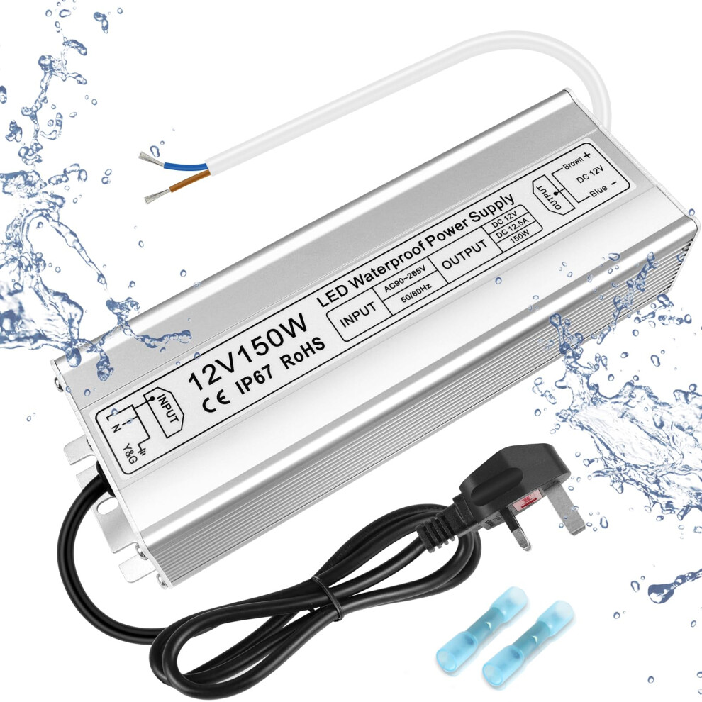Inshareplus Led Power Supply, 12V 150W Ip67 Waterproof Outdoor Driver, Ac 80-265V To Dc 12V 12.5A Low Voltage Transformer, Adapter With 3-Prong Plug 5051219607851