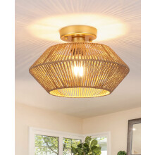 MRHYSWD Boho Rattan Flush Ceiling Lights Living Room,1 Light Wicker Chandeliers Ceiling Light Fitting for Bedroom Kitchen Dining Room Hallway, Gold