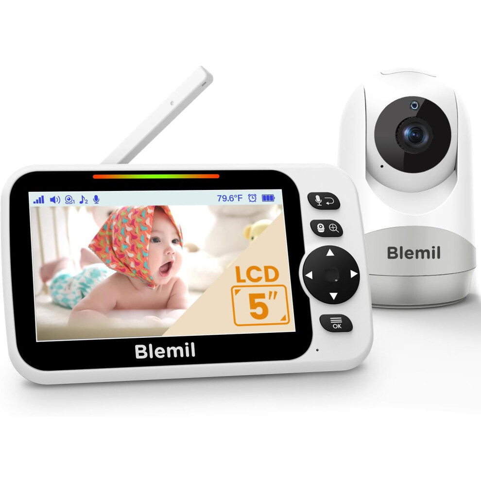 5" Split-Screen Baby Monitor with 30-Hour Battery, Large Video Baby Monitor with Camera and Night Vision, Remote Pan/Tilt/Zoom Camera, Two Way Talk