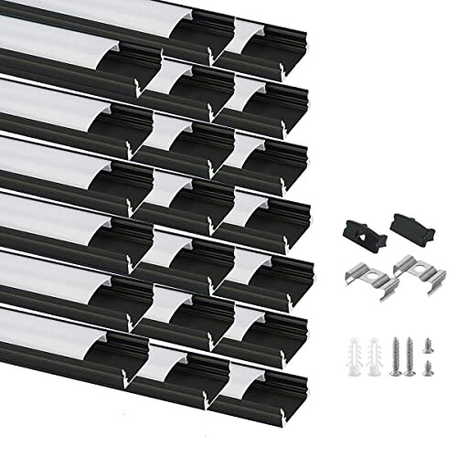 Besseto LED Aluminum Profile Black 20 X 1m, U Shape LED Strip Light Diffuser Profile With Milky Cover End Caps And Mounting Bracket Aluminum Profile For Led Strips 20 X 1m U Shape