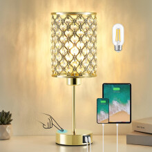 Crystal Table Lamp, Gold Touch Lamp for Nightstand with USB C+A Ports, 3 Way Dimmable Lamp with Crystal Shade, Bedside Lamp Small Lamp for Bedroom,