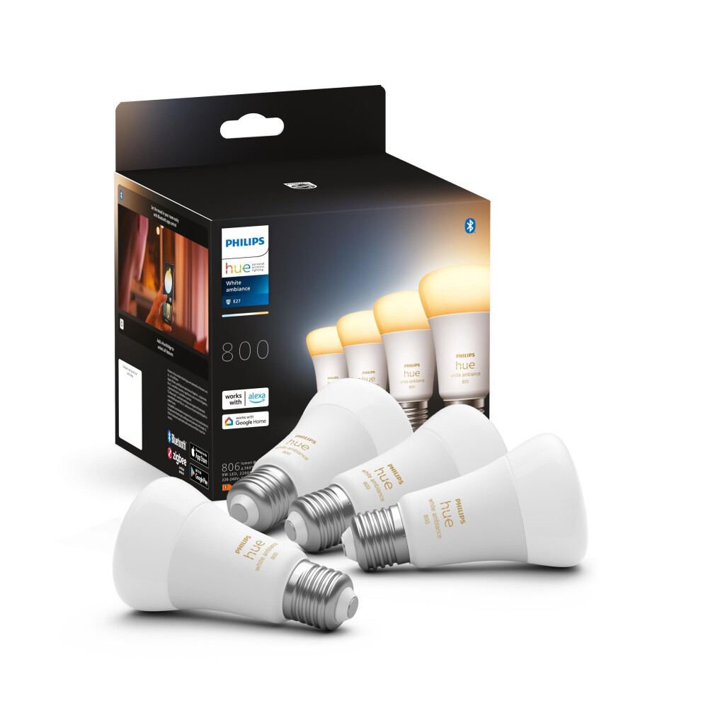 Philips Hue New White Ambiance Smart Light Bulb 4 Pack 60W - 800 Lumen [E27 Edison Screw] with Bluetooth. Works with Alexa, Google Assistant and Apple