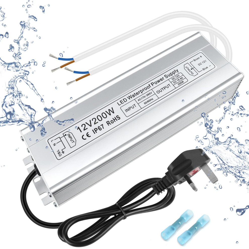 Inshareplus Led Power Supply, 200W Ip67 Waterproof Outdoor Driver,Ac 170-265V To Dc 12V 16.6A Low Voltage Transformer, Adapter With 3-Prong Plug For 5051219622502