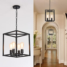 Qcyuui Vintage Lantern Pendant Light, Industrial Metal Cage Foyer Chandeliers Ceiling Lamp, 4-Light Black Hanging Pendant Lighting Fixture for Kitchen