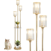 FLP06 Rayofly Modern Floor Lamp with Shelves - 3-Light Gold Crystal Glass Shades, Foot Switch, E27 Sockets, Dual Shelves