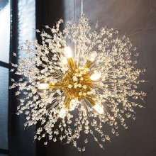 Modern Crystal Dandelion Pendant Lights Ceiling Gold Firework Chandeliers, G9 Lamp Alloy Fixtures With 8 Bulb and 32 Strings Crystal, for Living Room,