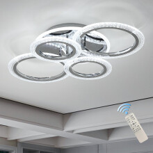 Qcyuui 58W Dimmable LED Ceiling Light, Modern 4-Ring Acrylic Flush Mount Chandelier for Living Room, Bedroom, Dining Room, Chrome Finish