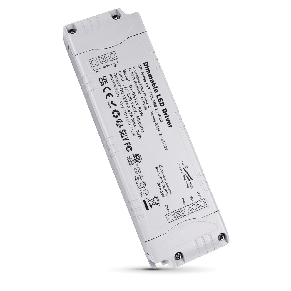 Reylax Led Driver 12V Dimmable Triac, 80W 6.67A Transformer 240 To 12V, Constant Voltage Thin Power Supply, High Power Factor, Low Voltage Transformer 5051219629952