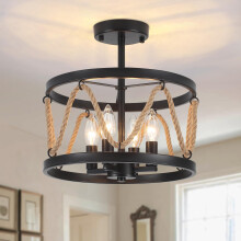 ASHUAQI Black Ceiling Lights, 4 Lights Ceiling Lights Living Room, Rustic Metal Drum Semi Flush Ceiling Lights with Hemp Rope, Modern Chandeliers