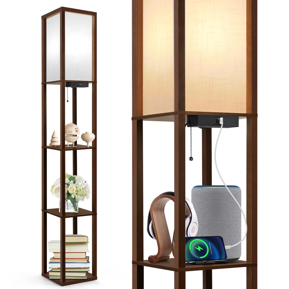 OUTON Floor Lamp with Shelves, LED Column Modern Floor Lamp with USB & Type C Port, 3 Color Temperature, Wooden Standing Lamp with White Linen Shade-image-OPC-PGQ89WM-NEW