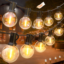 GLUROO Festoon Lights Outdoor 100FT, G40 LED String Lights Mains Powered with 50+2 Plastic Bulbs,Waterproof Connectable Outdoor String Llights for