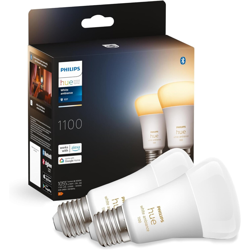 Philips Hue New White Ambiance Smart Light Bulb 2 Pack 75W - 1100 Lumen [E27 Edison Screw] with Bluetooth. Works with Alexa, Google Assistant and