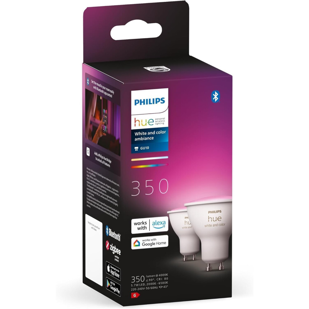 Philips Hue And Colour Ambiance Smart 2 Pack [Gu10 Spot] With Bluetooth. Works With Alexa, Google Assistant And Apple Homekit White/Light