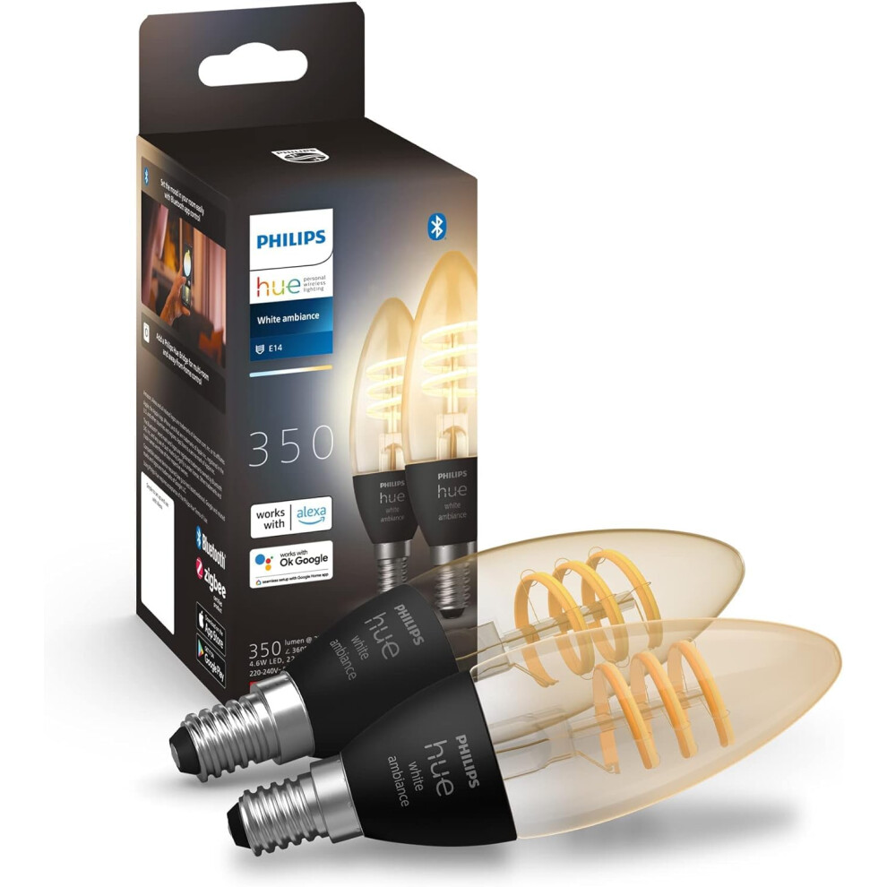 Philips Hue Filament Candle 2 Pack White Ambiance LED Smart Light Bulb [E14 Small Edison Screw] 4.9W for Indoor Home Lighting. Bedroom, Livingroom and